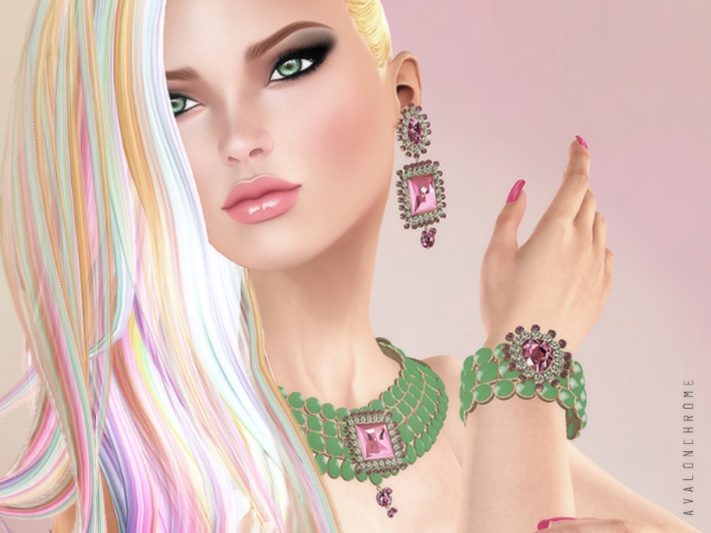 The "Chandrani Set"by Chop Zuey shown with purple gem stones and green stones after using the texture-changing HUD